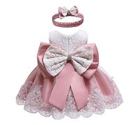 Baby Girls Dress with Hairband Sleeveless Floral Lace Back Big Bow Round Neck Dress Multi-Layer Mesh TuTu Style Back Zip Dress (Pink 2, 3-6 Months)