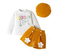 Baby Girls Fall 3 Pieces Outfits Set Newborn Baby Girl Clothes Long Sleeve Fleece Top + Shorts Hat Newborn Girl Clothing Set Fall Winter Outfits Infant (Yellow, Months)