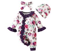 Baby Girls Fall 3 Pieces Outfits Set Newborn Baby Girl Clothes Long Sleeve Romper Bodysuit + Hat Headband Print OnesieOutfit Girl Outfits Newborn Clothes Infant (Purple, Months)
