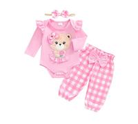 Baby Girls Fall Outfit Newborn Girl 3Pcs Clothes Set Bear Embroidery Romper Dot Print Pants Bow Headband Cute Spring Tracksuit Clothing (Pink A, 6-9 Months)