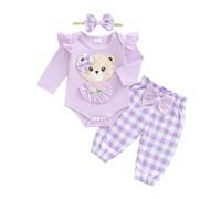 Baby Girls Fall Outfit Newborn Girl 3Pcs Clothes Set Bear Embroidery Romper Dot Print Pants Bow Headband Cute Spring Tracksuit Clothing (Purple A, 3-6 Months)
