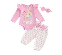 Baby Girls Fall Outfit Newborn Girl 3Pcs Clothes Set Bear Embroidery Romper Dot Print Pants Bow Headband Cute Spring Tracksuit Clothing (Pink, 6-9 Months)