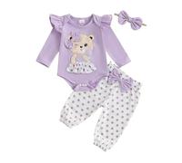 Baby Girls Fall Outfit Newborn Girl 3Pcs Clothes Set Bear Embroidery Romper Dot Print Pants Bow Headband Cute Spring Tracksuit Clothing (Purple, 6-9 Months)