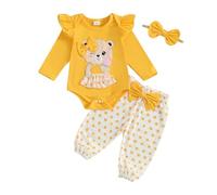 Baby Girls Fall Outfit Newborn Girl 3Pcs Clothes Set Bear Embroidery Romper Dot Print Pants Bow Headband Cute Spring Tracksuit Clothing (Orange, 0-3 Months)