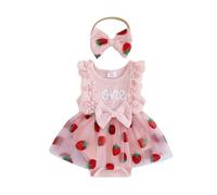 Baby Girls First Birthday Outfit Sleeveless Square Neck Letter Strawberry Embroidery Tulle Patchwork Romper Patchwork Infant Girls Half Way to One Birthday Strawberry Bodysuit (Pink-C, 12-18 Months)