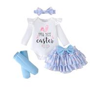 Baby Girl's First Easter Long Sleeve Letter Rabbit Printed Jumpsuit + Pants + Socks Three Piece Set/G White