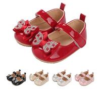 Baby Girls First Walking Shoes for 3-6 Months Infant Newborn Girls Rhinestone Bow Mary Jane Crib Shoes Prewalker Anti-Slip Soft Rubber Sole Sandals #001_Red