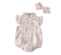 Baby Girls Flower Print Romper with Hairband Cute Pattern Lace Ruffles Sleeve Bodysuits One Piece Summer Casual High Neck Jumpsuits Clothes Infant Newborn Romper (Pink, 12-18 Months)