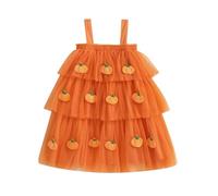 Baby Girls Halloween Pumpkin Dress Sleeveless Ecking Neckline Bat/Ghost/Pumpkin Embroidery Layered Tulle Dress Halloween Princess Outfit (Orange, 3-4 Years)