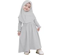 Baby Girls Islamic Long Sleeve Abaya Muslim Dress with Hijab - Two Piece Dress Set 0-3 Years Modest Middle East Arabic Dubai Burka Ramadan Eid Maxi Kaftan Robe (2A-Grey, 6-18 Months)