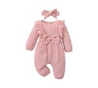 Baby Girls Jumpsuits Newborn Baby Bodysuit Baby Romper Plain Onesie Ruffle Sleepsuit Bow Headband Long Sleeved Toddler Jumpsuit for 0 to 18 Months Set for Baby Girl (Pink, 0-3 Months)