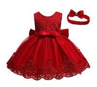 Baby Girls Lace Bowknot Princess Wedding Formal Tutu Dress+Headband Set Clothes Features 4t Dresses with Sleeves Red