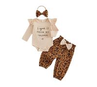 Baby Girls Leopard Outfits Long Sleeve Bodysuit Trousers Brow Headband Set | 3 Piece Leopard Set, Cotton Blend Outfit, Cute Ruffle Shoulder Design, Elastic Cuffed Ankle Jogger Pants, Crotch Snap Buttons