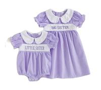 Baby Girls Little Sister Big Sister Matching Outfits Newborn Baby and Toddler Peter Pan Collar Short Puff Sleeve Matching Summer Dresses Gingham Baby Grow (Gingham Big Sister Purple, 12-18 Months)
