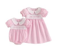 Baby Girls Little Sister Big Sister Matching Outfits Newborn Baby and Toddler Peter Pan Collar Short Puff Sleeve Matching Summer Dresses Gingham Baby Grow (Gingham Little Sister Rose, 0-3 Months)