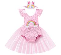 Baby Girls My 1st Birthday Party Rainbow Tutu Dress Ruffle Sleeve Lace Romper Bodysuit First Birthday Photography Cake Smash Outfit Crown Headband Mesh Gift Rose 6-12 Months