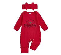 Baby Girls My First Christmas Romper Long Sleeves Jumpsuits Headband Set | Ruffles Letter Print Xmas Romper Outfit One Piece Fall Winter Clothes
