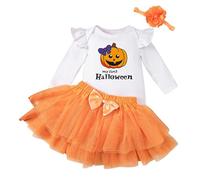 Baby Girls My First Halloween Themed 3 Pieces Outfit Long Sleeve Printed Romper Tutu Skirt With Decorative Headband Toddler Girls Holiday Party Wear for Infant Festival Gathering Celebration Occasions