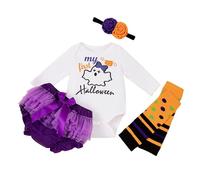 Baby Girls My First Halloween Themed 3 Pieces Outfit Long Sleeve Printed Romper Tutu Skirt With Decorative Headband Toddler Girls Holiday Party Wear for Infant Festival Gathering Celebration Occasions