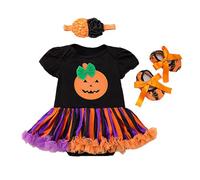Baby Girls My First Halloween Themed 3 Pieces Outfit Long Sleeve Printed Romper Tutu Skirt With Decorative Headband Toddler Girls Holiday Party Wear for Infant Festival Gathering Celebration Occasions
