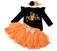 Baby Girls My First Halloween Themed 3 Pieces Outfit Long Sleeve Printed Romper Tutu Skirt With Decorative Headband Toddler Girls Holiday Party Wear for Infant Festival Gathering Celebration Occasions