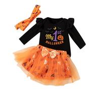 Baby Girls My First Halloween Themed 3 Pieces Outfit Long Sleeve Printed Romper Tutu Skirt With Decorative Headband Toddler Girls Holiday Party Wear for Infant Festival Gathering Celebration Occasions