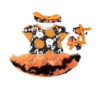 Baby Girls My First Halloween Themed 3 Pieces Outfit Long Sleeve Printed Romper Tutu Skirt With Decorative Headband Toddler Girls Holiday Party Wear for Infant Festival Gathering Celebration Occasions