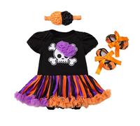 Baby Girls My First Halloween Themed 3 Pieces Outfit Long Sleeve Printed Romper Tutu Skirt With Decorative Headband Toddler Girls Holiday Party Wear for Infant Festival Gathering Celebration Occasions