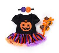 Baby Girls My First Halloween Themed 3 Pieces Outfit Long Sleeve Printed Romper Tutu Skirt With Decorative Headband Toddler Girls Holiday Party Wear for Infant Festival Gathering Celebration Occasions