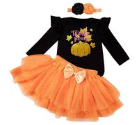 Baby Girls My First Halloween Themed 3 Pieces Outfit Long Sleeve Printed Romper Tutu Skirt With Decorative Headband Toddler Girls Holiday Party Wear for Infant Festival Gathering Celebration Occasions