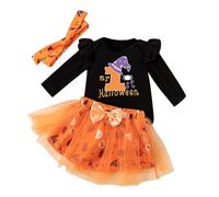Baby Girls My First Halloween Themed 3 Pieces Outfit Long Sleeve Printed Romper Tutu Skirt With Decorative Headband Toddler Girls Holiday Party Wear for Infant Festival Gathering Celebration Occasions