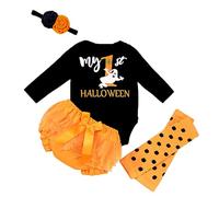 Baby Girls My First Halloween Themed 3 Pieces Outfit Long Sleeve Printed Romper Tutu Skirt With Decorative Headband Toddler Girls Holiday Party Wear for Infant Festival Gathering Celebration Occasions