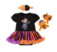 Baby Girls My First Halloween Themed 3 Pieces Outfit Long Sleeve Printed Romper Tutu Skirt With Decorative Headband Toddler Girls Holiday Party Wear for Infant Festival Gathering Celebration Occasions