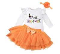 Baby Girls My First Halloween Themed 3 Pieces Outfit Long Sleeve Printed Romper Tutu Skirt With Decorative Headband Toddler Girls Holiday Party Wear for Infant Festival Gathering Celebration Occasions