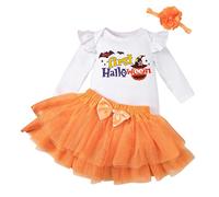 Baby Girls My First Halloween Themed 3 Pieces Outfit Long Sleeve Printed Romper Tutu Skirt With Decorative Headband Toddler Girls Holiday Party Wear for Infant Festival Gathering Celebration Occasions