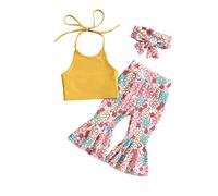 Baby Girls Outfits Summer Sleeveless Tank Tops Floral Print Vest Flared Pants with Headband 2PCS Clothes Set for Birthday Yellow