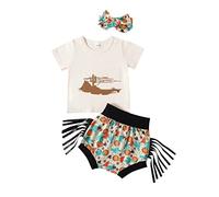 Baby Girls Outfits Toddler Short Sleeve Tops Cartoon Print T-Shirts Tassel Shorts Set with Headband Summer Clothes for Birthday
