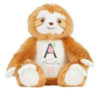 Baby Girls Personalised Brown Sloth Plush Cuddly Toy - Birth Stats Keepsake Pink Name, Date, Time, Weight, Newborn Announcement Gift