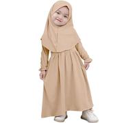 Baby Girls Prayer Dress Islamic Long Sleeve Abaya Muslim Dress with Hijab Two Piece Dress Set 0-3 Years Modest Middle East Arabic Dubai Burka Ramadan Eid Maxi Kaftan Robe (2A-Khaki, 2-3 Years)