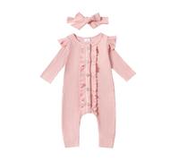 Baby Girls Ruffle Onesie with Bow Headband Long Sleeve Newborn Coming-Home Outfits Button Down Crew Neck Infant Cotton Stripe Solid Color Bodysuit (Pink, 0-3 Months)