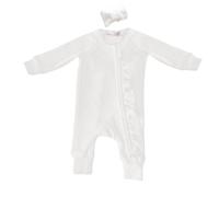 Baby Girls Ruffle Outfit with Bowknot Headband Zip Up Newborn Grow Long Sleeve Bodysuit Plain Sleepsuit Cotton Plaid Jumpsuit Solid Color Crew Neck (White, 9-12 Months)