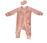 Baby Girls Ruffle Outfit with Bowknot Headband Zip Up Newborn Grow Long Sleeve Bodysuit Plain Sleepsuit Cotton Plaid Jumpsuit Solid Color Crew Neck (Orange, 9-12 Months)