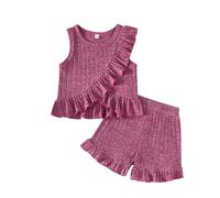 Baby Girls Short Set Summer Outfits Toddler Cute Ruffle Lace Trim Smocked Shorts Lolita Frill Ruched Micro Set with Pockets (3-4 Years) Hot Pink