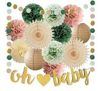 Baby Girls Shower Decorations Sage Green and Dusty Pink Baby Shower Decorations Sage Green Dusty Rose Paper Pom Poms Paper Fans Oh Baby Banner Gender Neutral Party Decor