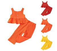 Baby Girls Sleeveless Dress Trousers Sets Knit Ribbed Square Neck Buttons Pleated Dress Tops and Long Baggy Elastic Waist Trousers Solid Tank Top Wide Leg Outfits (Yellow, 2-3 Years)