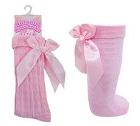 Baby Girls Socks Cotton Rich Spanish Bow Hearts Wedding Stocking High Knee Long Socks with Bows Ribbon Top Party Ribbed Socks Colour: Pink Bow S41 - Sock Size: 12-24 Months