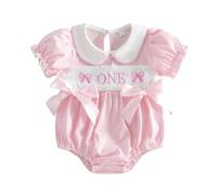 Baby Girls Summer 1st Birthday Stripe Romper Newborn Cute First Birthday Ruffle Bodysuit Short Sleeve Letter Doll Collar Bow Letter Embroidery Bubble Bodysuit with Bow Decor (Pink, 12-18 Months)