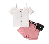 Baby Girls Summer Clothes Toddler Short Sleeve Ribbed Tops Solid Color T-Shirts Shorts Set 2PCS Outfits for Birthday White