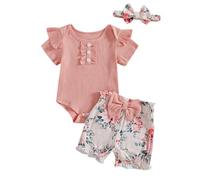 Baby Girls Summer Outfit Cute Western Cowgirl Shorts Set Short Flying Sleeve Solid Color Ruffle Button Down Romper With Cowgirl Hat Butterfly Print Shorts and Bow Headband (Rose, 0-3 Months)