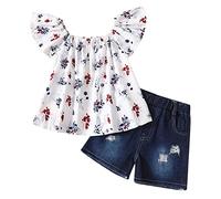 Baby Girls Summer Outfits 2PCS Set, Dot Prints Flying Sleeve Top + Fraye Ra He Distressed Denim Shorts Set Summer Casual Loose Clothes for Cute Girl (White, 2-3 Years)